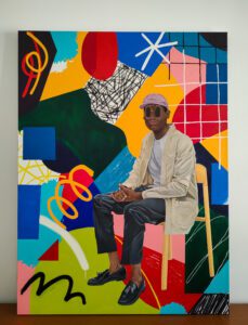 Abstract representation and portrait of a young black man sitting on a chair | 130x975cm | Mixed media and oil painting on canvas | 2023